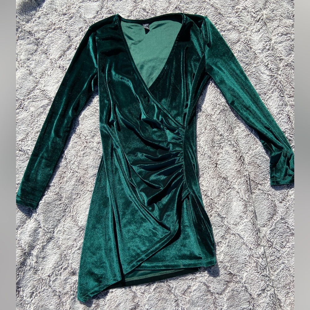 Green Velvet Wrap Dress - Medium, SHEIN
